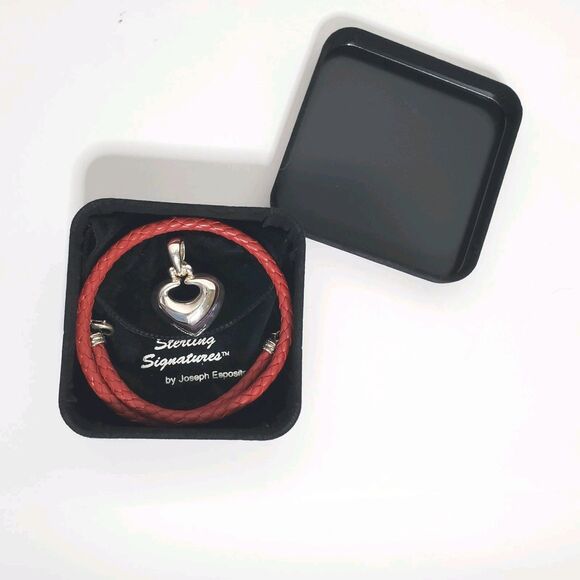 Joseph Esposito 925 Sterling Silver Heart Pendant Red Braided Leather Necklace - Picture 6 of 6